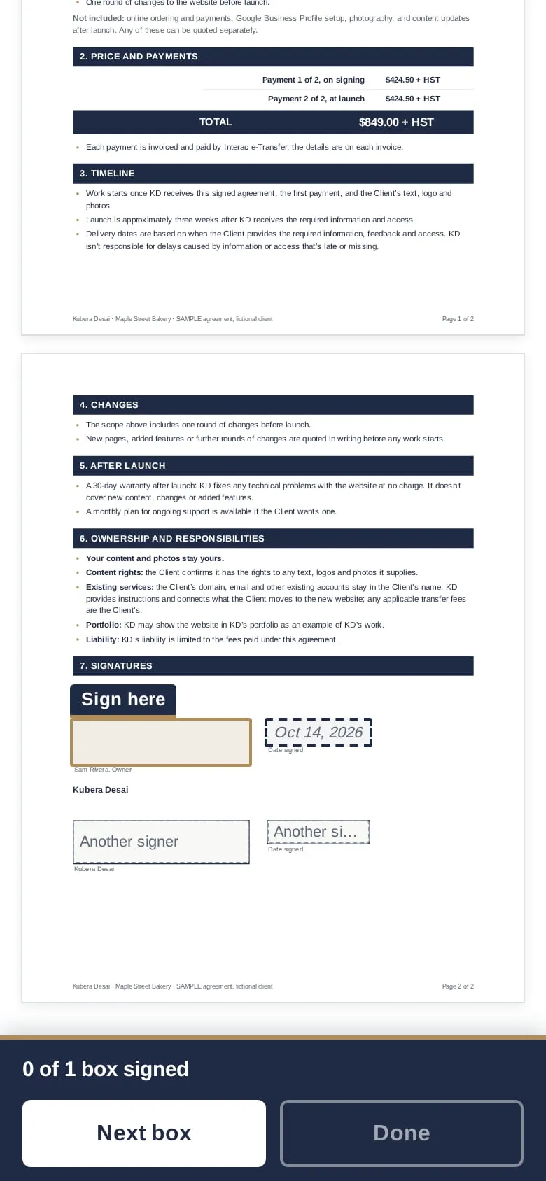 KD Sign on a phone: a sample agreement with a highlighted signature box and a Sign here flag