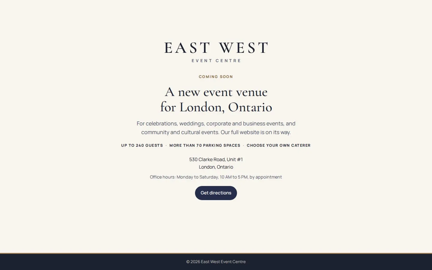 The East West Event Centre coming-soon page