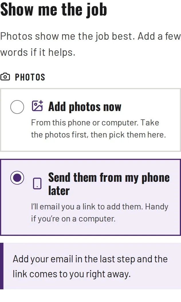 The price form's photo step on a phone, with 'Send them from my phone later' chosen