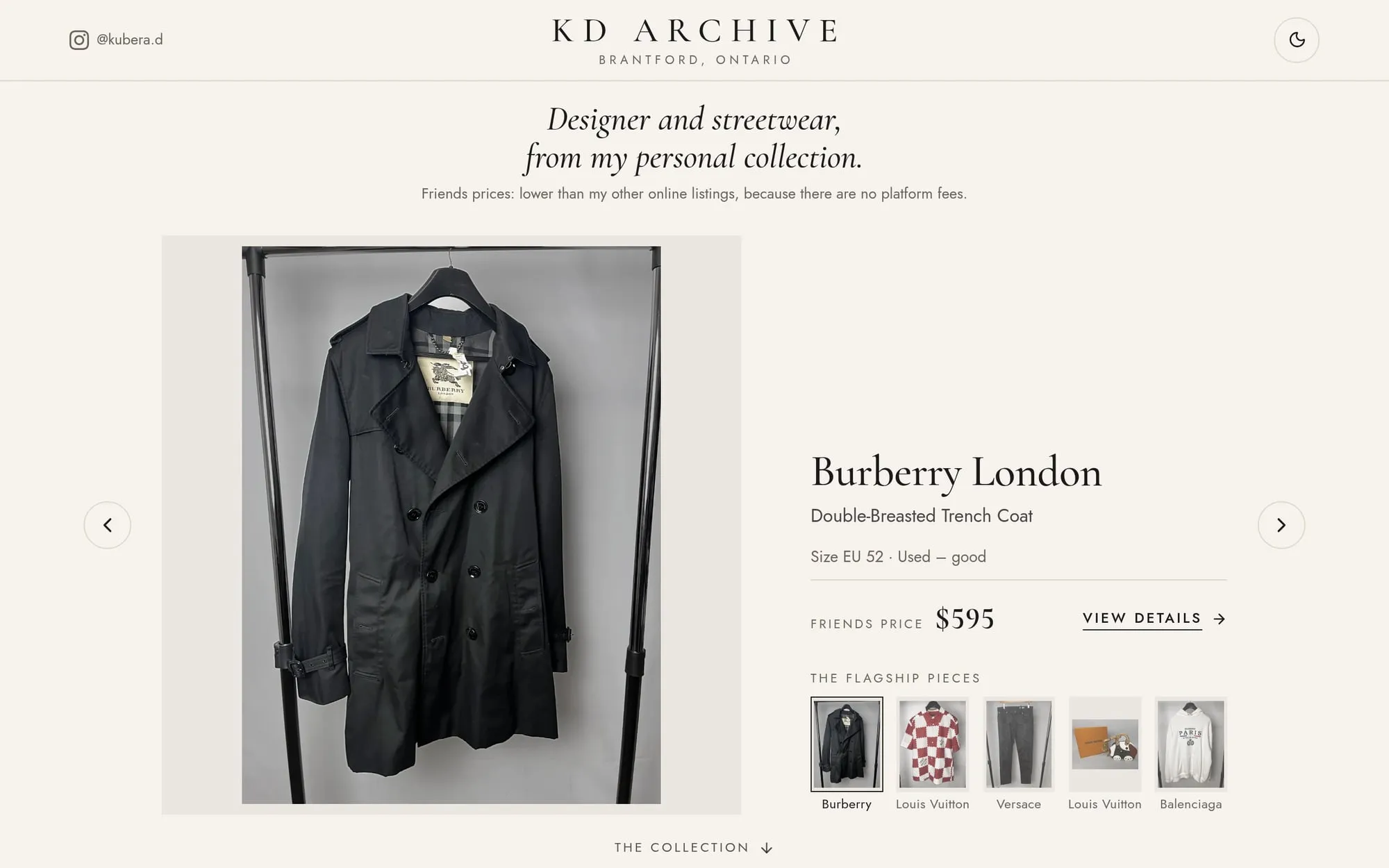 The shop's first screen: a designer trench coat with its price and the flagship pieces