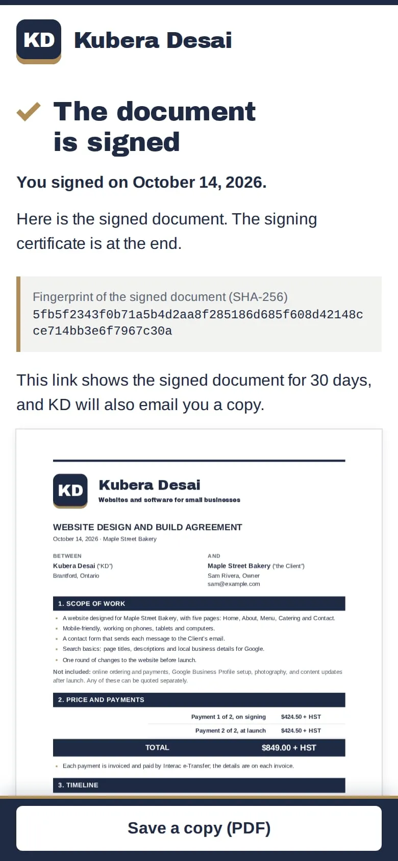 The document is signed: the signed copy, its fingerprint and a Save a copy button